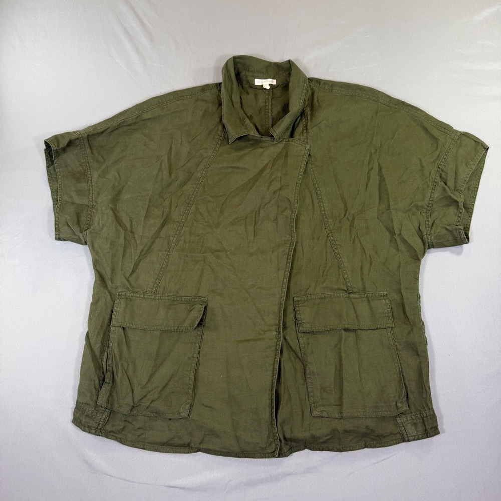 Eileen Fisher Organic Linen Utility Jacket Olive Green Snap Front L Lagenlook